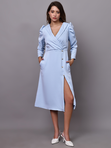 Elegant Long Sleeve V-Neck Wrap Dress With Front Slit - Sky Blue